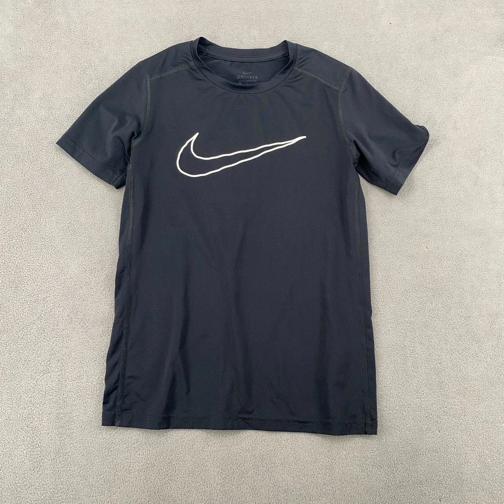 Nike Athletic T Shirt L Black Stretch Crew Neck Graphic Swoosh Logo Base Layer